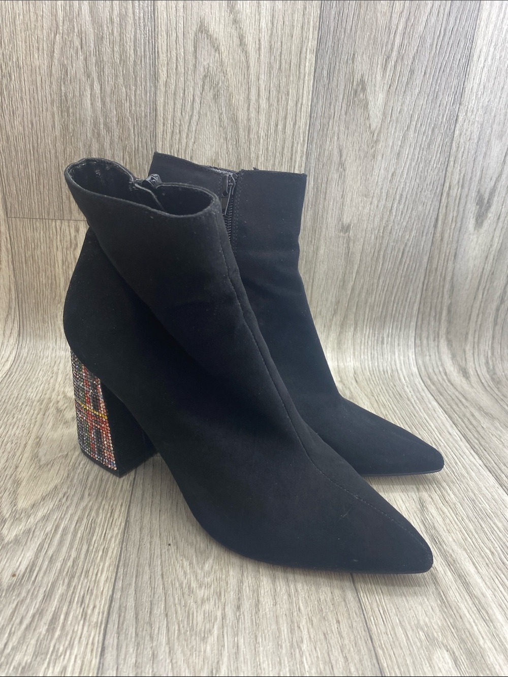 Betsey Johnson black suede ankle boot with multicolor beaded block heel